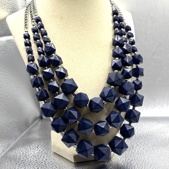 Charming Charly Chunky Geometric Blue Beaded Statement Necklace on Silver Chain - Picture 2 of 11